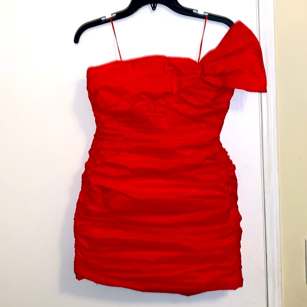Zara Strawberry Red Ruched Mini Dress with Bow “Bloggers Fave” - Picture 8 of 11